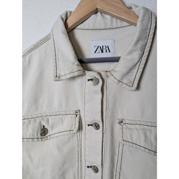 Zara Denim Neutral Contrast Boxy Crop Raw Hem Jacket Women Size M Grunge Trucker - Picture 3 of 12